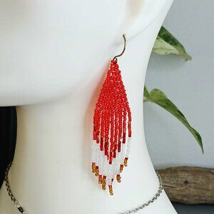 Red & White Boho Chic Fringe Cascade Dangle Earrings, Statement 4"